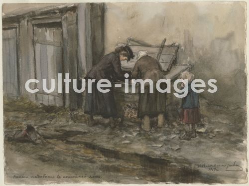 Wladimirow, Iwan Alexejewitsch, Zwei Frauen und Kind, die in den Mülltonnen nach Essbarem suchen (Aus der Aquarellserie Russische Revolution)