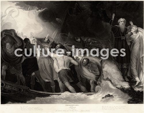 George Romney, Romney, George (1734-1802), Szene aus dem Theaterstück Der Sturm (The Tempest) von William Shakespeare, Lithografie, Neoklassizismus, 1797, Großbritannien, Privatsammlung, .