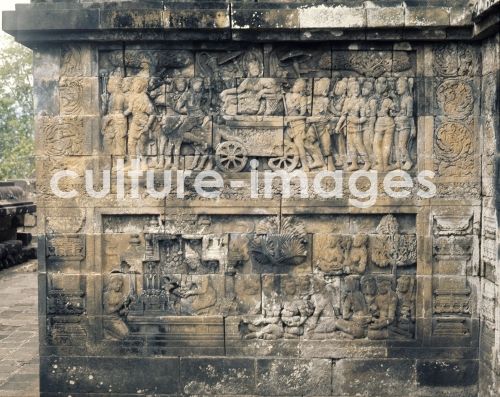 The reliefs on the terraces of Borobudur depict scenes from the life of Buddha The reliefs on the terraces of Borobudur depict scenes from the life of Buddha
