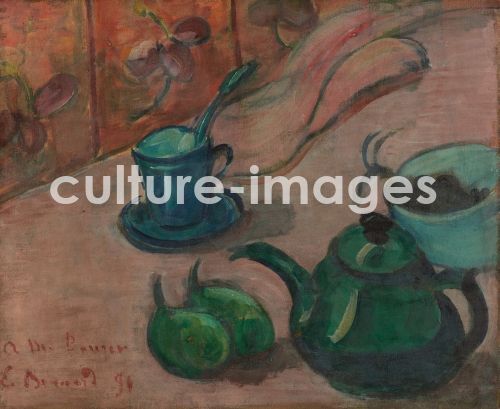 Émile Bernard, Stillleben mit Teekanne, Tasse und Früchten. Émile Bernard, Stillleben mit Teekanne, Tasse und Früchten.