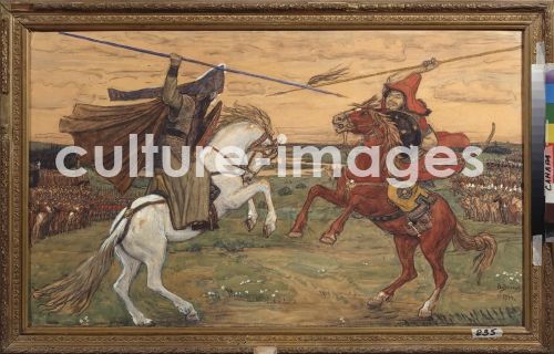 Viktor Michailowitsch Wasnezow, Zweikampf des Mönches Pereswet mit dem tatarischen Recken Temir-Murza auf dem Kulikowo Pole 1380 Viktor Michailowitsch Wasnezow, Zweikampf des Mönches Pereswet mit dem tatarischen Recken Temir-Murza auf dem Kulikowo Pole 1380