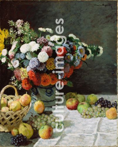 Claude Monet, Stillleben mit Blumen und Früchten Claude Monet, Stillleben mit Blumen und Früchten