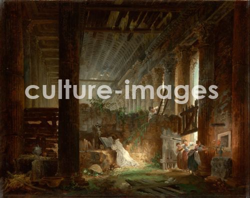 Hubert Robert, Ein Einsiedler, in den Ruinen eines römischen Tempels betend