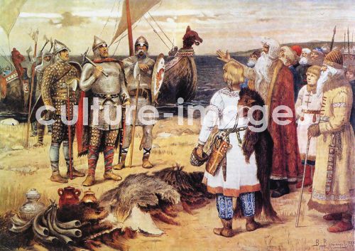 Viktor Michailowitsch Wasnezow, Die Einladung der Waräger: Rurik, Sineus and Truvor in Staraja Ladoga Viktor Michailowitsch Wasnezow, Die Einladung der Waräger: Rurik, Sineus and Truvor in Staraja Ladoga
