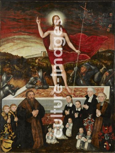 Lucas Cranach der Jüngere, Auferstehung Christi mit Stifterfamilie (Epitaph der Familie Badehorn)