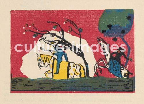 Wassily Wassiljewitsch Kandinsky, Zwei Reiter vor Rot. Aus "Klänge" Wassily Wassiljewitsch Kandinsky, Zwei Reiter vor Rot. Aus "Klänge"