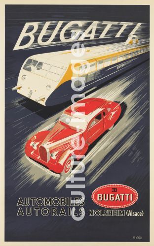 R. Géri, Géri, R. (aktiv 1930er), Bugatti Automobiles - Autorails Molsheim , Offsetdruck, Grafikdesign, um 1930, Frankreich, Privatsammlung.