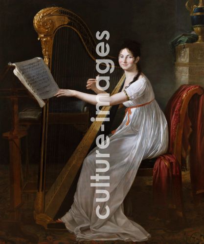 Guillaume Guillon-Lethière, Guillon-Lethière, Guillaume (1760-1832), Porträt von Adèle Papin beim Harfenspiel, Öl auf Leinwand, Neoklassizismus, 1799, Frankreich, Privatsammlung. Guillaume Guillon-Lethière, Guillon-Lethière, Guillaume (1760-1832), Porträt von Adèle Papin beim Harfenspiel, Öl auf Leinwand, Neoklassizismus, 1799, Frankreich, Privatsammlung.