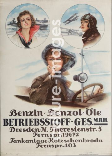 Unbekannter Künstler  , Benzin-Benzol-Öle Betriebsstoff G.m.b.H., Farblithographie, Grafikdesign, 1920er, Deutschland, Privatsammlung.