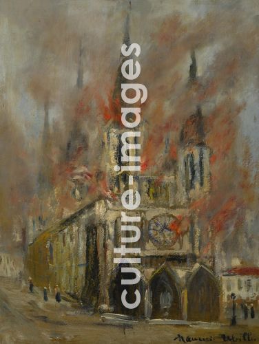 Maurice Utrillo, Utrillo, Maurice (1883-1955), Kathedrale von Rouen in Flammen (Seine-Maritime), Öl auf Karton, Postimpressionismus, um 1914, Frankreich, Privatsammlung.