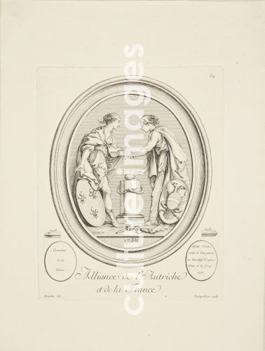 François Boucher, Boucher, François (1703-1770), Bündnis zwischen Österreich und Frankreich, Radierung, Rokoko, 1756, Frankreich, Statens Museum for Kunst, Kopenhagen.