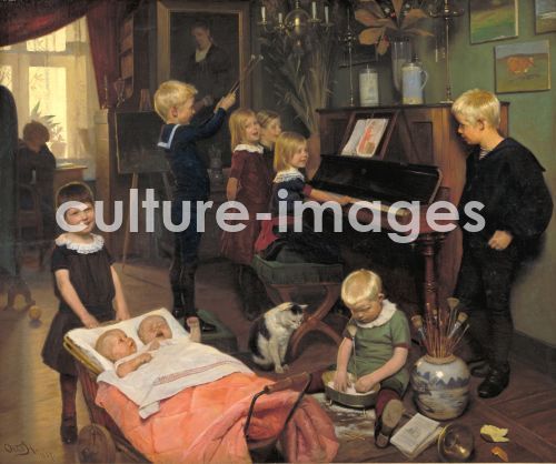 Otto Haslund, Haslund, Otto Carl Bentzon (1842-1917), Ein Konzert: Die Kinder des Künstlers und ihre Spielkameraden, Öl auf Leinwand, Realismus, 1887, Dänemark, Statens Museum for Kunst, Kopenhagen.