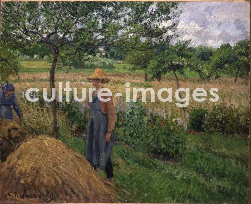 Camille Pissarro, Gärtner vor einem Heuschober, bewölkter Himmel, Eragny