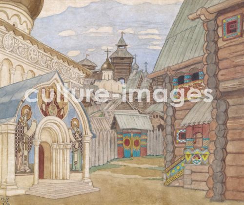 Iwan Jakowlewitsch Bilibin, Russian Village. Stage design for the opera The Tale of Tsar Saltan by N. Rimsky-Korsakov