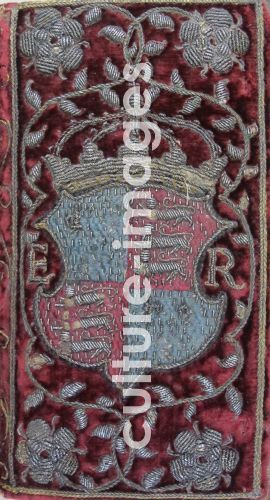 Embroidered velvet binding on John Udall Embroidered velvet binding on John Udall