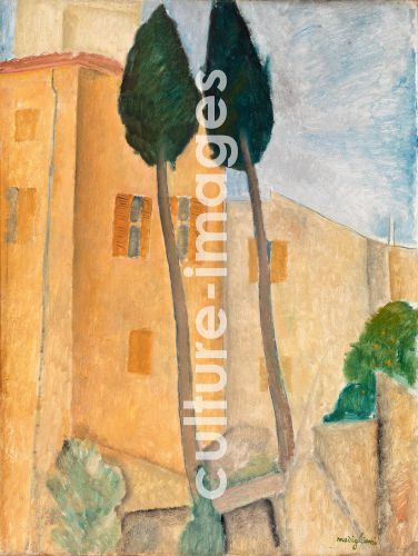 Amedeo Modigliani, Zypressen und Häuser in Cagnes Amedeo Modigliani, Zypressen und Häuser in Cagnes
