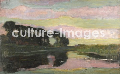 Piet Mondrian, River landscape with pink and yellowgreen sky Piet Mondrian, River landscape with pink and yellowgreen sky