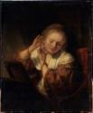 Rembrandt van Rhijn, Junge Frau, die Ohrringe anprobiert