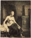 Rembrandt van Rhijn, Halbnackte Frau am Kamin