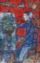 Marc Chagall, Peintre (autoportrait) en double profil sur fond rouge au chevalet