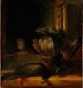 Rembrandt van Rhijn, Stillleben mit zwei toten Pfauen und einem Mädchen