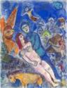 Marc Chagall, Nu rose et coq ailé orange au village sur fond bleu